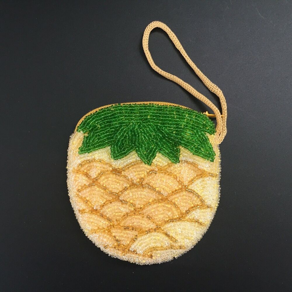 Vintage Handmade Beaded Pineapple Coin Purse Yellow & Green Change Pouch